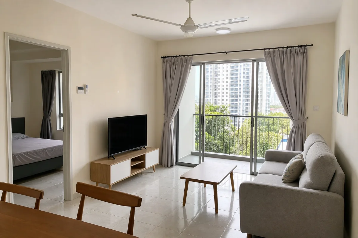 Illustrative Malaysian rental apartment living area with practical furnishings